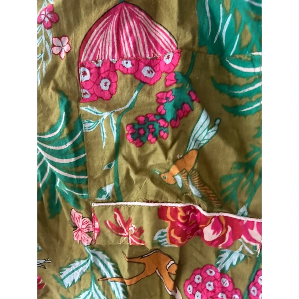Amranis Pajama Set Green Floral Bird Deer Print Cotton Short Sleeve Sleepwear M